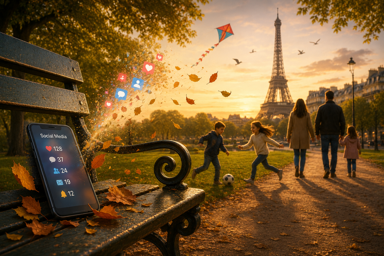 An illustration showing a Parisian park at sunset. In the foreground, a family walks together while two children happily play soccer. On a nearby bench rests a smartphone with colorful social media notifications gently fading into autumn leaves.