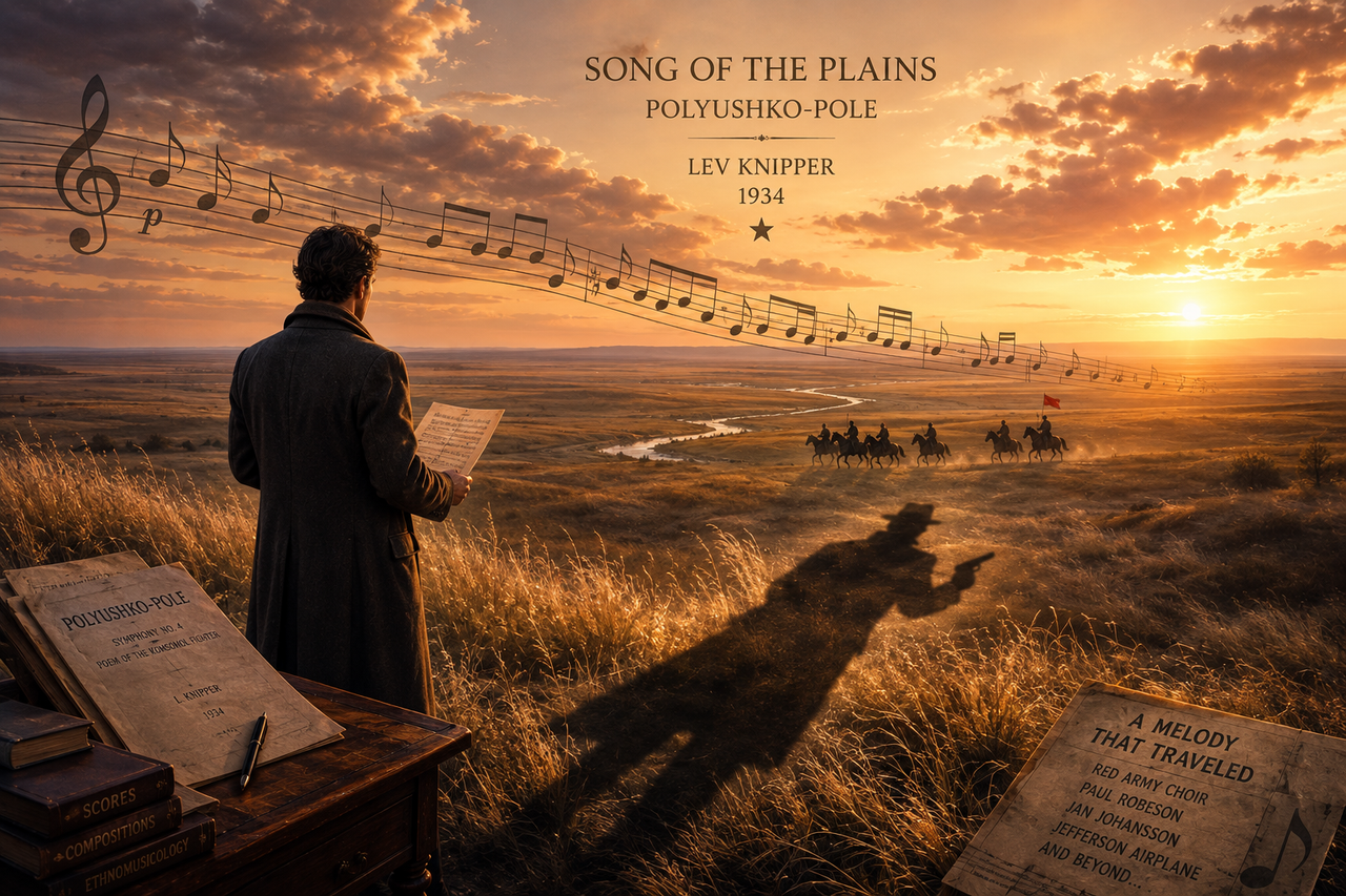  Lev Knipper’s Song of the Plains sweeps across the Eurasian steppe as musical notes and a spy-like shadow evoke Polyushko-pole’s history.