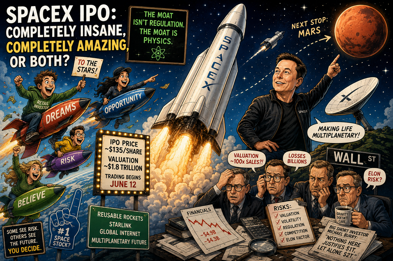 Illustration showing a giant SpaceX rocket launching toward Mars while excited retail investors ride smaller rockets labeled 