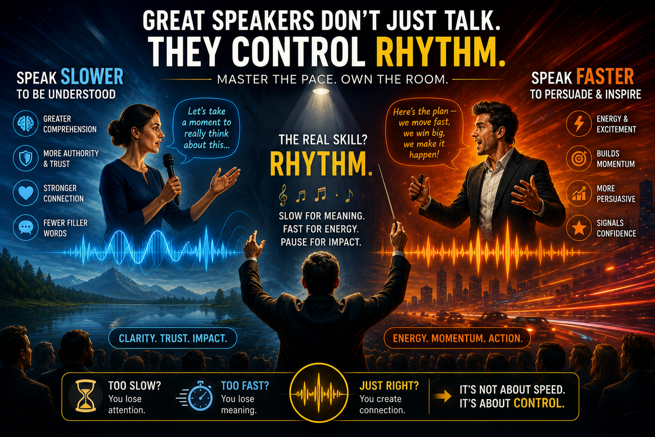 Illustration of a speaker controlling the rhythm of speech like a conductor, with contrasting slow and fast soundwave patterns representing clarity, persuasion, and communication mastery.