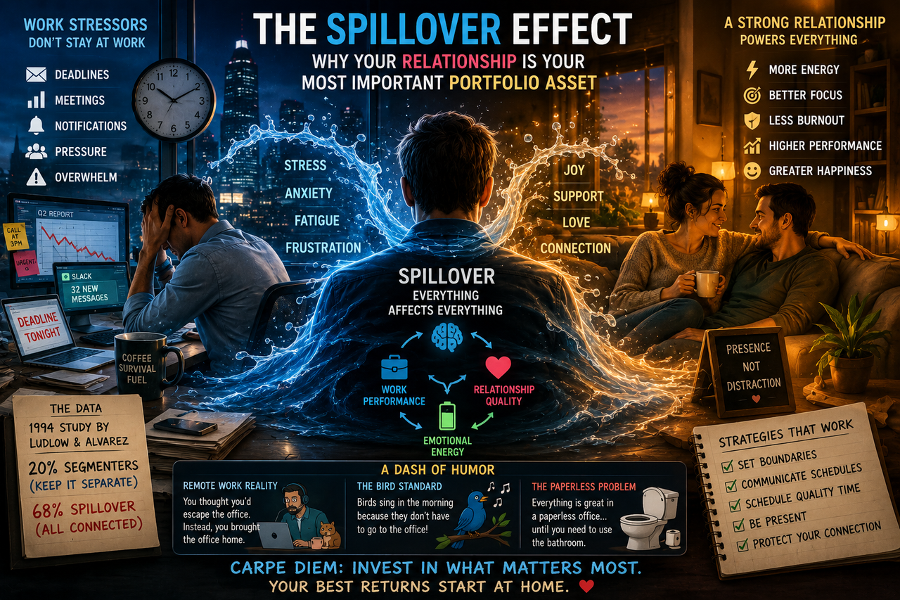 A cinematic illustration of a professional balancing two worlds: on one side, a glowing city office filled with charts, laptops, and deadlines; on the other, a warm emotional home scene with love, calm, and connection.