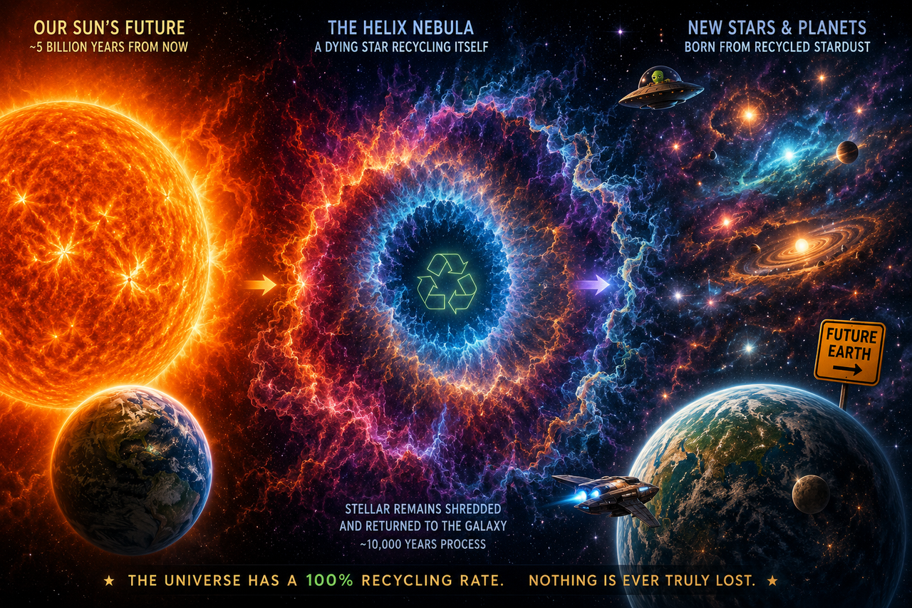 The Helix Nebula surrounding a dying Sun-like star as colorful gas forms new stars and planets, illustrating stellar evolution, cosmic recycling, and the future of our Sun.