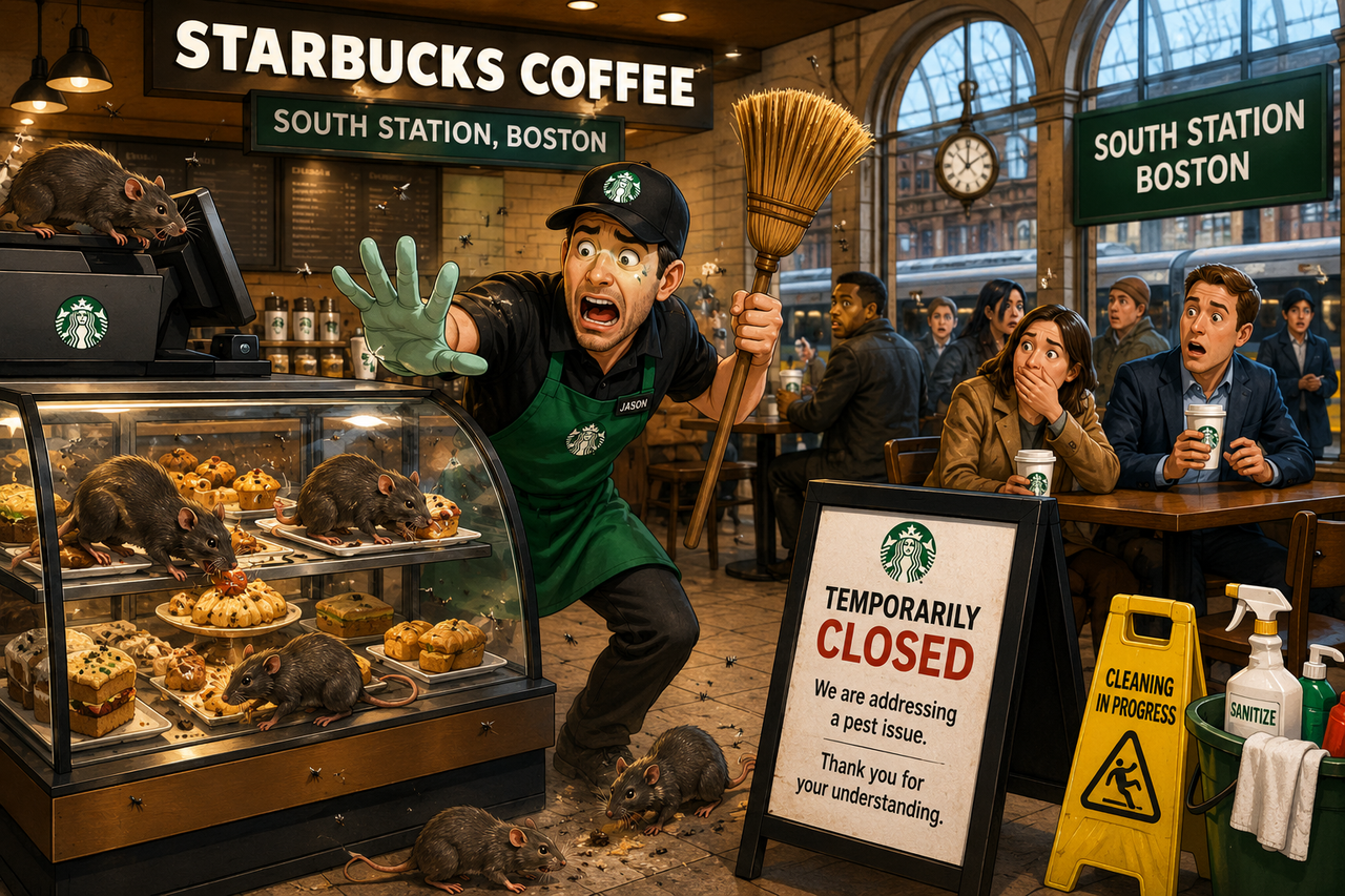 A humorous illustration of a Starbucks-style coffee shop at Boston's South Station with a shocked barista chasing away cartoon rats. The café remains clean and bright, emphasizing that discipline protects even the world's most recognizable brands.