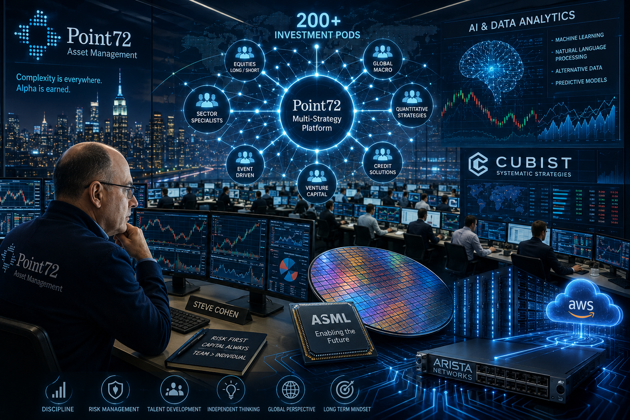Editorial illustration of a modern hedge fund trading floor with interconnected investment teams, AI analytics, financial charts, and semiconductor themes representing Point72's multi-strategy investment platform.