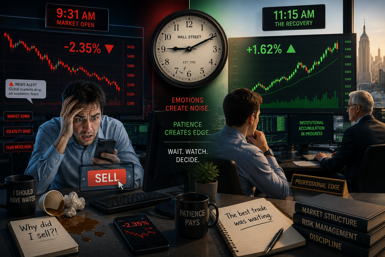 A split-scene illustration showing a panicked retail investor considering selling during a sharp market decline shortly after the opening bell, contrasted with a later market recovery and a calm professional trader, symbolizing patience