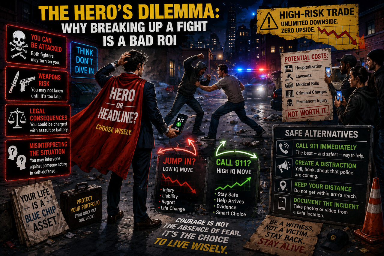 Cinematic yet humorous illustration of a chaotic street fight unfolding in a city parking lot at night while a nervous “would-be hero” wearing a superhero cape over business clothes hesitates between jumping into the fight or dialing 911.
