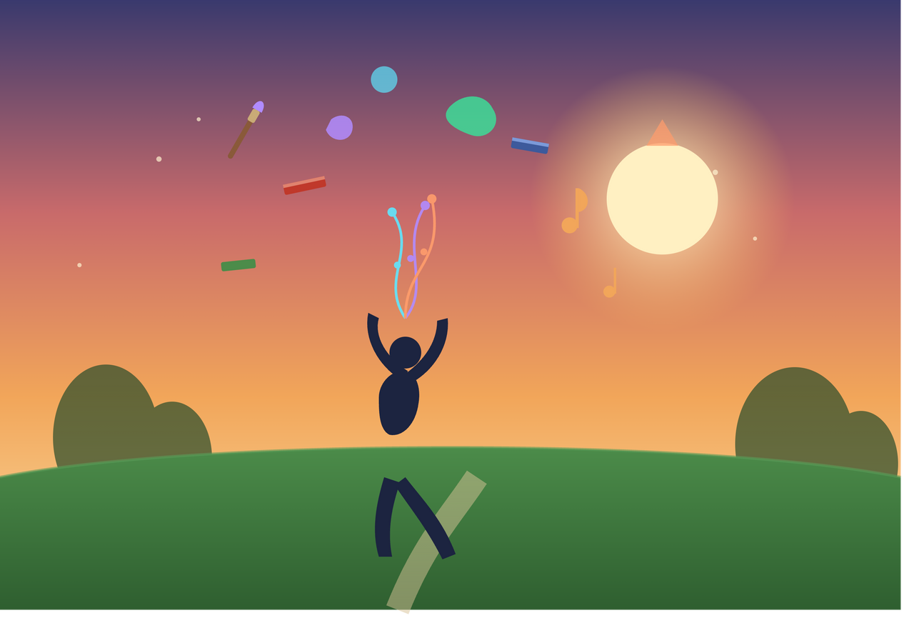Editorial illustration of a person stretching at sunrise in a peaceful park while colorful neural pathways, musical notes, and paintbrushes rise from the mind, symbolizing flexibility, creativity, mental growth, lifelong learning, and healthy aging.