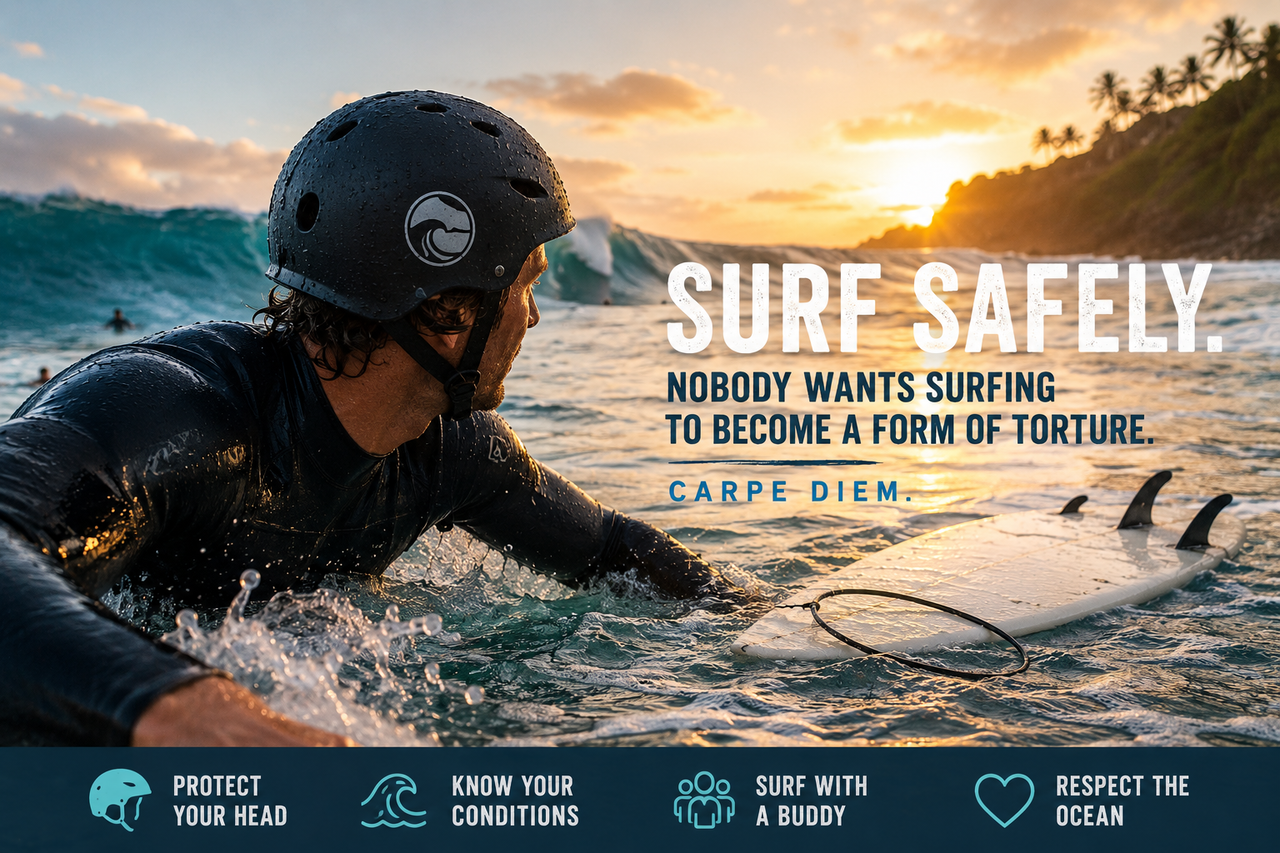 Surfer wearing a modern surf helmet paddling toward breaking waves while a loose surfboard highlights the importance of surfing safety and head injury prevention.