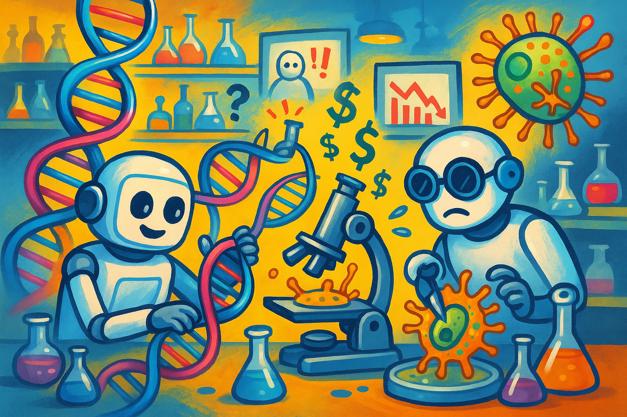 Playful digital illustration of AI robots, DNA strands, and bioengineered microbes working in a colorful lab — blending innovation, chaos, and investment risk.