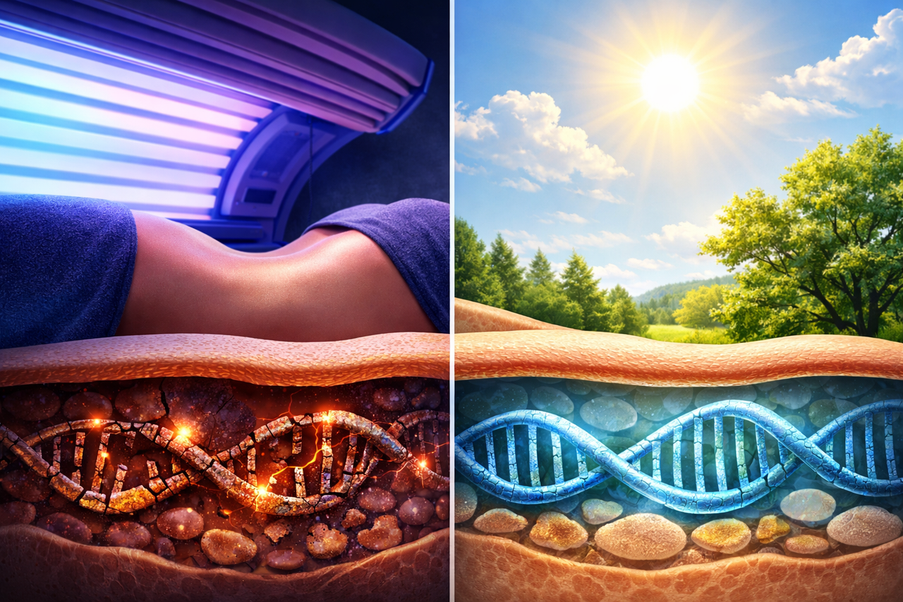 Illustration showing how indoor tanning bed UV radiation damages DNA in skin cells compared with natural sunlight, highlighting increased melanoma risk.