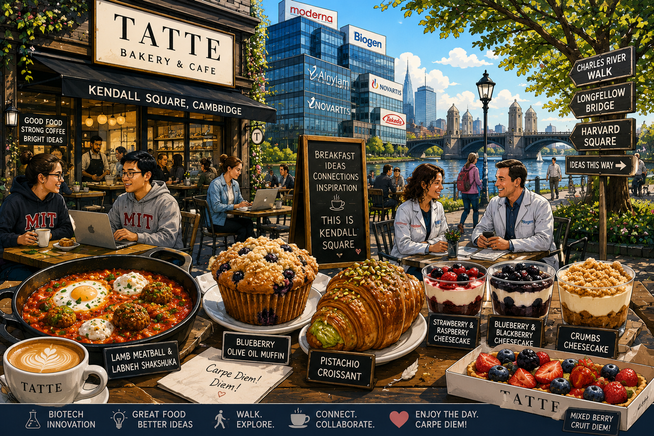 Cartoon-style illustration of a lively morning outside a European-inspired bakery in Kendall Square, Cambridge, Massachusetts. Captures the vibe more than the actual location. Carpe Diem..