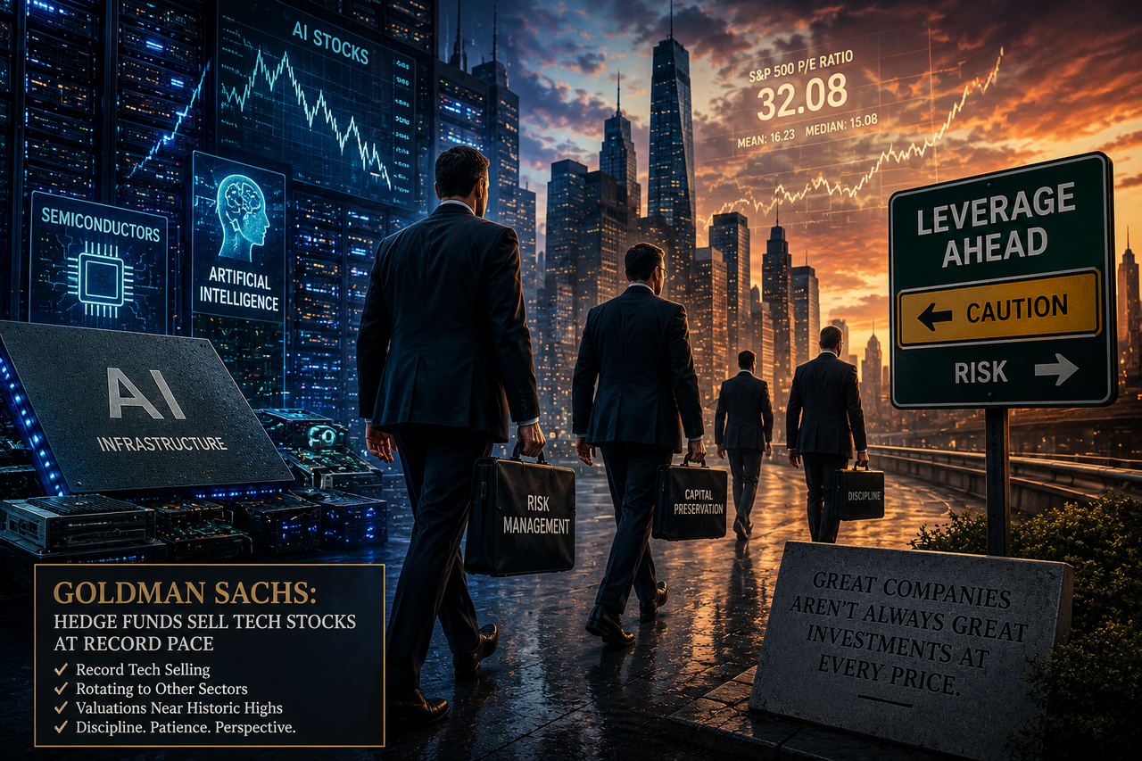Illustration of a massive Wall Street trading floor at dusk. In the foreground, hedge fund managers in business attire quietly walk away from glowing AI servers and towering semiconductor chips while carrying briefcases labeled 