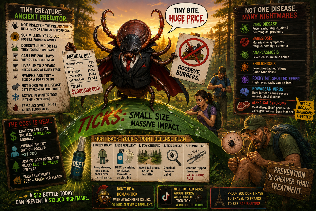 Cartoon-style vampire tick standing atop tall grass holding a medical bill and a crossed-out cheeseburger symbolizing Lyme disease and Alpha-gal syndrome, while hikers perform frantic tick checks nearby and a glowing bottle of DEET acts like holy water.