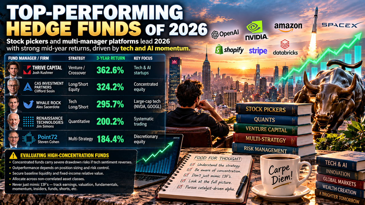 Top-performing hedge funds of 2026 illustration featuring stock pickers, quants, AI, SpaceX and the risks of concentrated 13F portfolios.