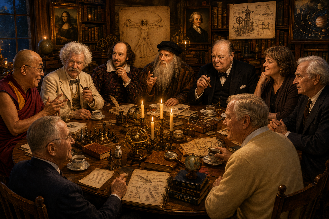 An illustration of history's greatest thinkers—including William Shakespeare, Leonardo da Vinci, and the Dalai Lama—sharing a candlelit dinner surrounded by books, paintings and symbols of knowledge, representing timeless wisdom across centuries.