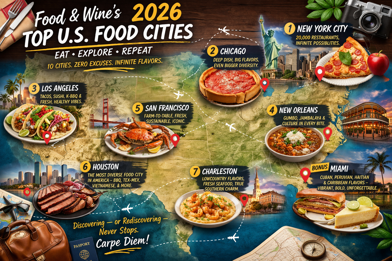 Colorful illustrated map of the United States highlighting top food cities like New York, Chicago, Los Angeles, and New Orleans, each represented by iconic local dishes, symbolizing culinary travel and discovery.