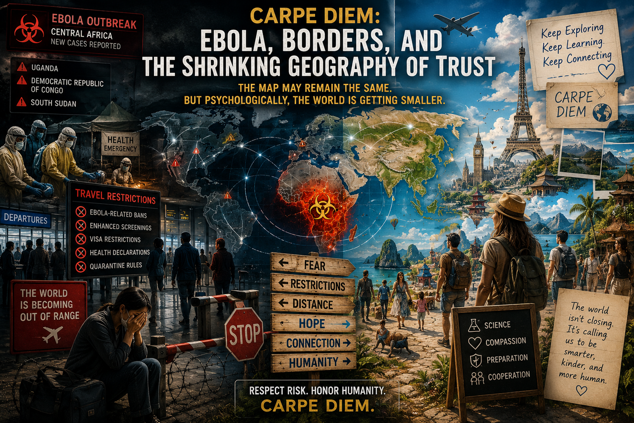 World map partially fading into warning symbols and travel restriction markers, with airport terminals, health checkpoints, and glowing red outbreak zones in Central Africa contrasted against hopeful scenes of global exploration and cultural connection.