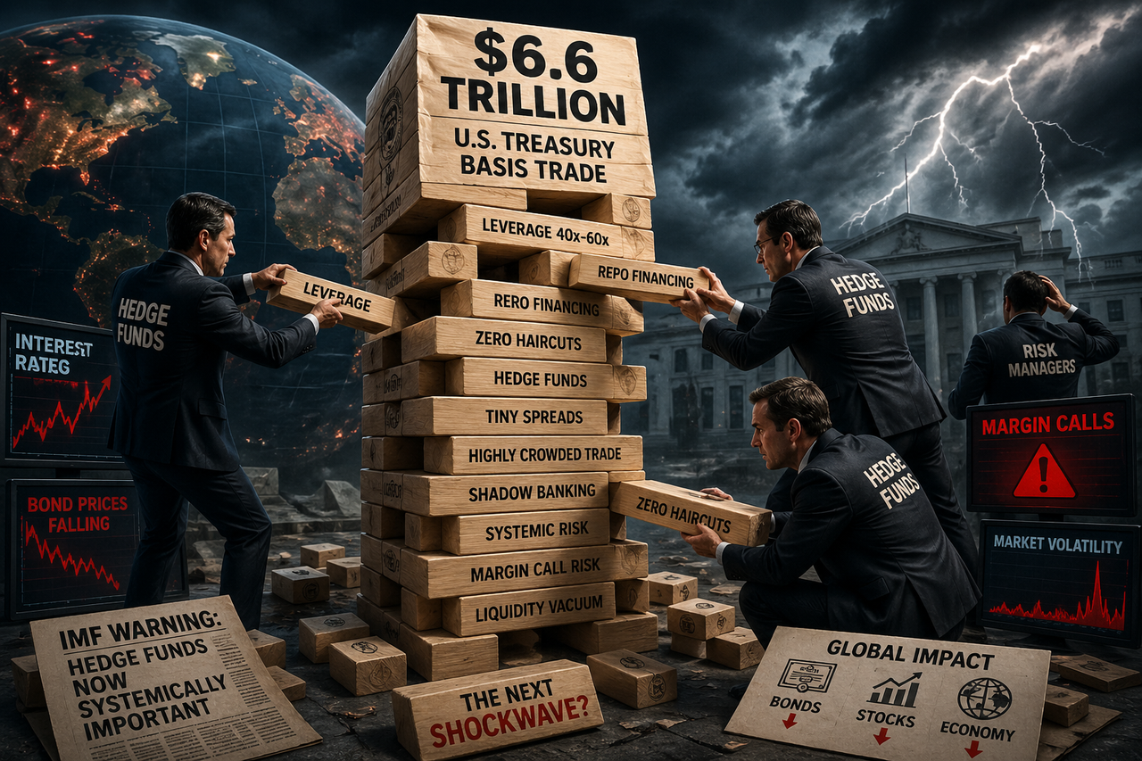 Illustration of a $6.6 trillion U.S. Treasury “basis trade” visualized as a precarious Jenga tower, with hedge funds removing blocks while global markets shake, symbolizing systemic financial risk and leveraged instability.