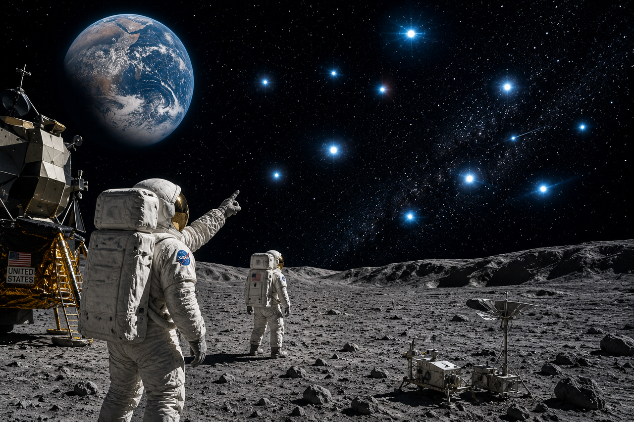Apollo 12 astronauts on the moon staring at mysterious glowing lights above the lunar horizon while Earth rises in the distance, symbolizing humanity’s curiosity about UFOs, aliens, and the limits of human perception.