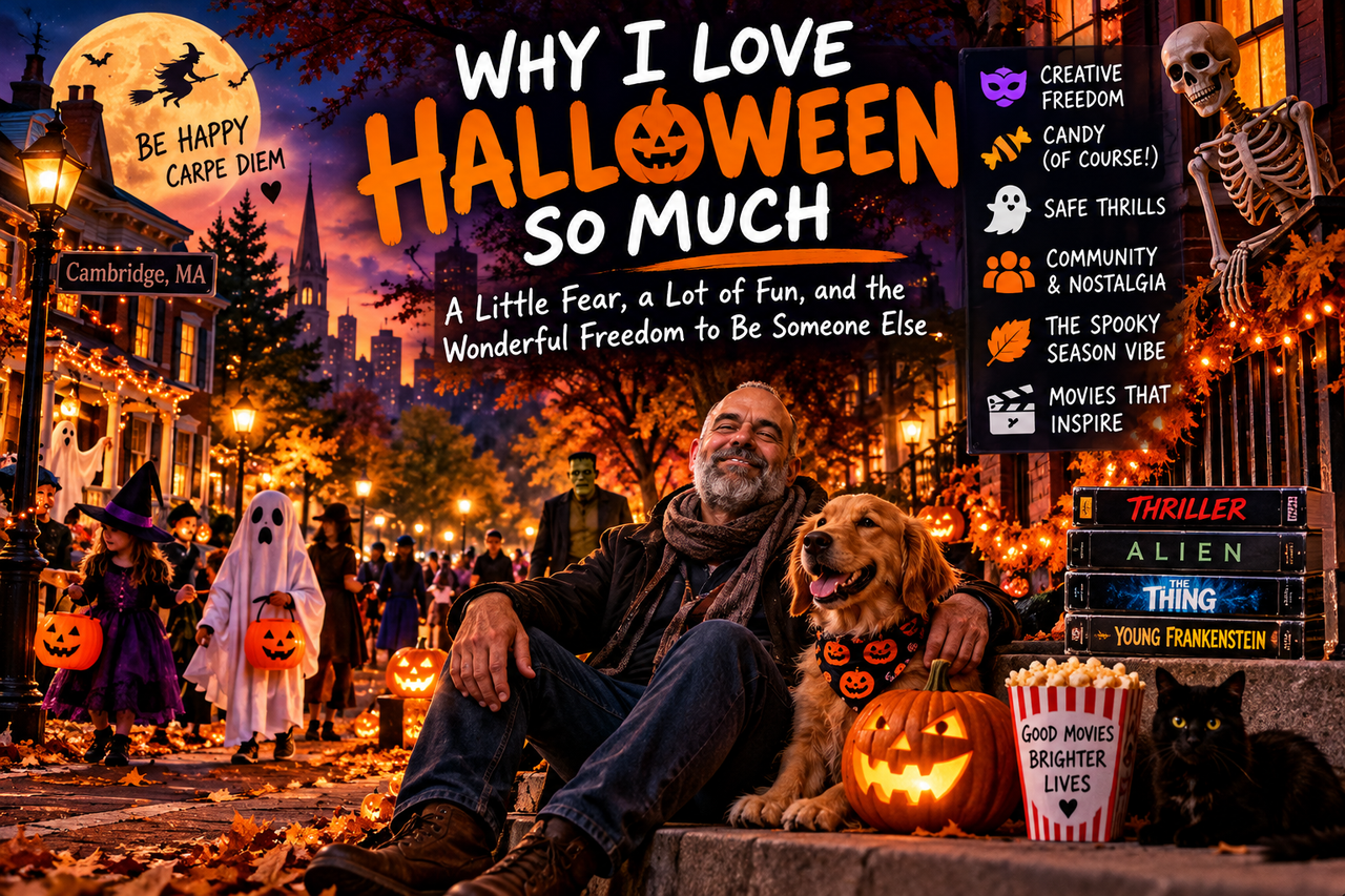 Halloween street with glowing pumpkins, haunted houses, autumn leaves and costumed families celebrating the magic of spooky season.