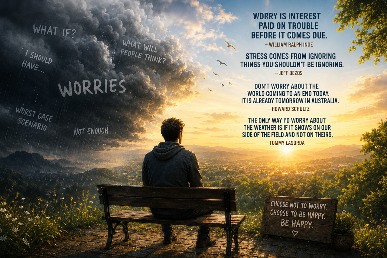 Illustration of a person calmly watching dark storm clouds dissolve into sunshine, symbolizing overcoming worry through mindfulness, resilience, and choosing happiness over anxiety.