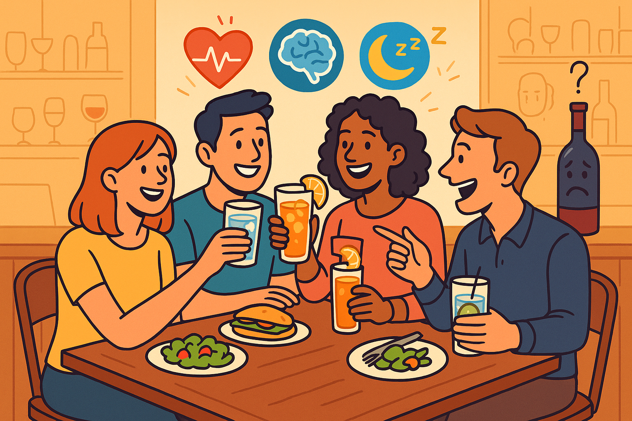 Illustration of young adults dining out and choosing water or mocktails instead of alcohol, symbolizing declining drinking habits, improved health, and shifting cultural norms.